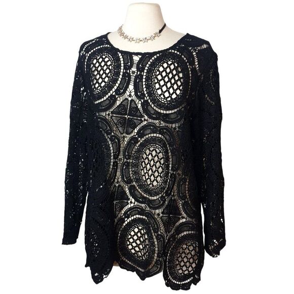Cato Woman Plus Lace Top 18/20W Black Crochet Overlay Chic Preppy Layering Y2K - Picture 1 of 6